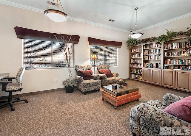 carpeted living room with ornamental molding