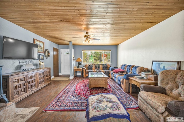 living room with hardwood / wood-style floors, ceiling fan, and wood ceiling