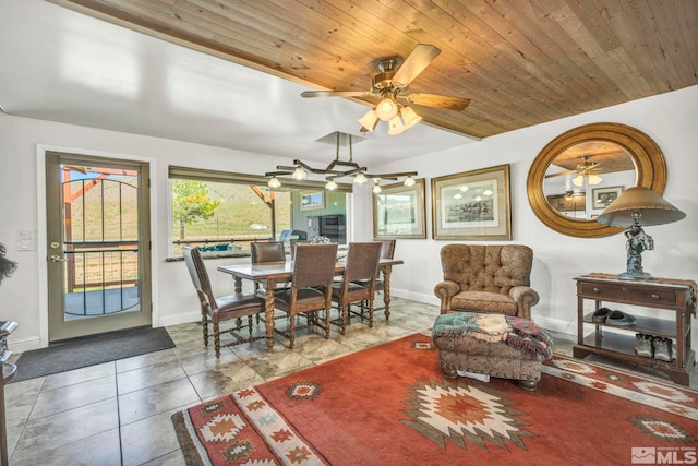 dining area with wooden ceiling, ceiling fan, and tile floors