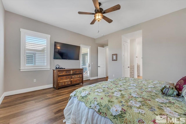 bedroom with hardwood / wood-style flooring, ceiling fan, and multiple windows