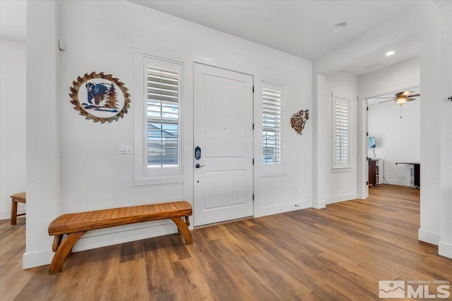 foyer entrance featuring ceiling fan, plenty of natural light, and wood-type flooring