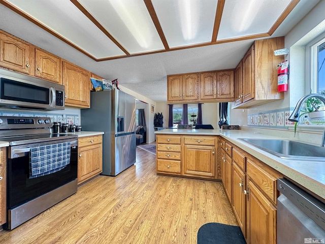 kitchen featuring plenty of natural light, sink, light wood-type flooring, and stainless steel appliances