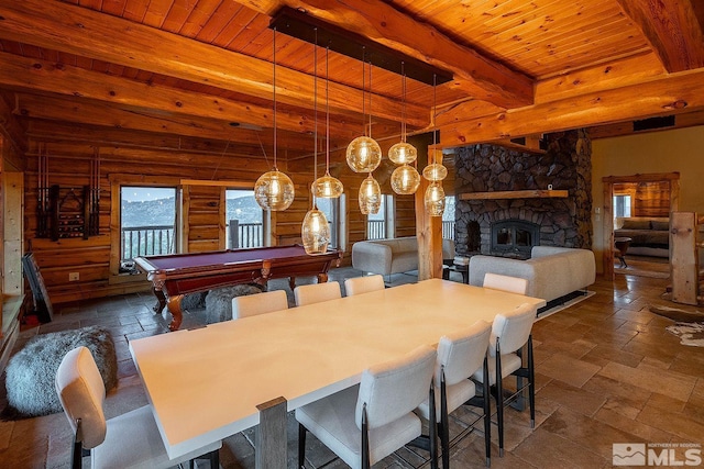 dining space with plenty of natural light and wooden ceiling