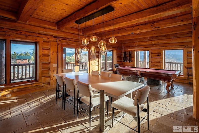 dining area with beam ceiling, plenty of natural light, wooden ceiling, and wood walls