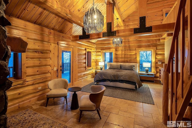 bedroom with a towering ceiling, access to exterior, a notable chandelier, wooden ceiling, and beam ceiling