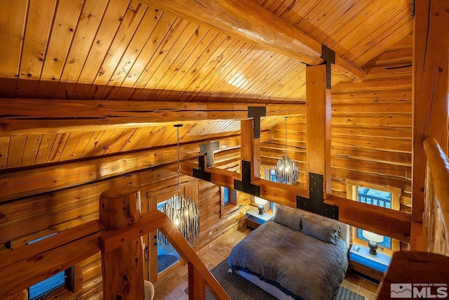 interior space with wood ceiling, rustic walls, lofted ceiling with beams, and a notable chandelier