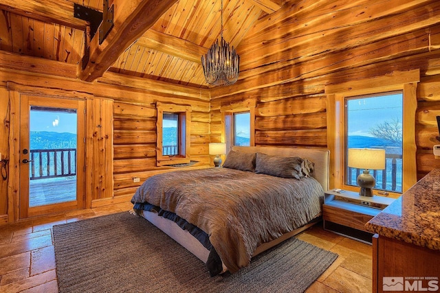 bedroom featuring multiple windows, access to exterior, wood ceiling, and a mountain view