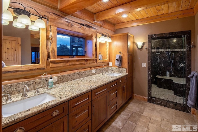 bathroom with beam ceiling, vanity, wood ceiling, and a shower with shower door