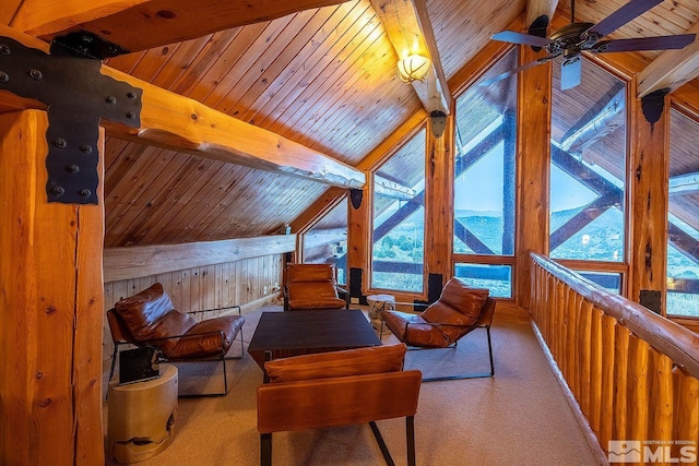 sitting room featuring wood ceiling, lofted ceiling with beams, wood walls, and carpet flooring