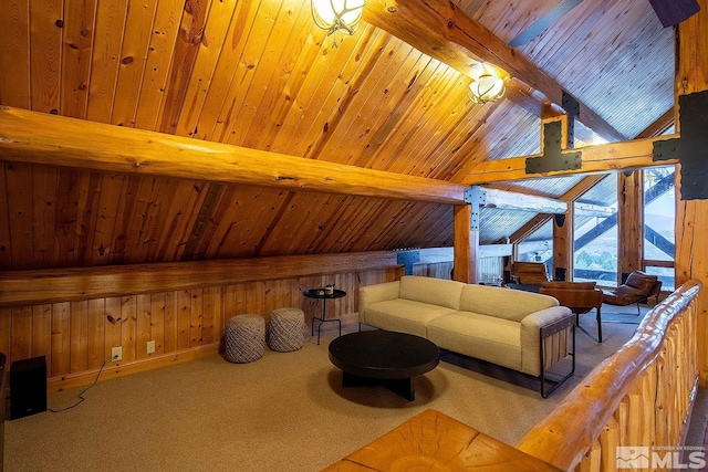 interior space featuring vaulted ceiling with beams, wooden walls, and wooden ceiling