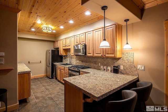 kitchen with hanging light fixtures, backsplash, kitchen peninsula, and appliances with stainless steel finishes