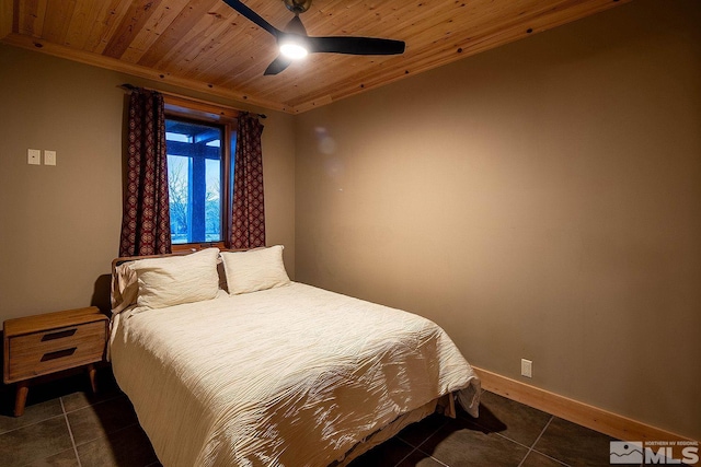 tiled bedroom with wooden ceiling and ceiling fan