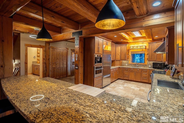 kitchen featuring decorative light fixtures, kitchen peninsula, sink, and wooden ceiling