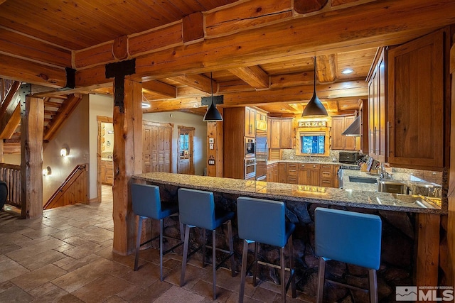 kitchen with wood ceiling, a kitchen breakfast bar, extractor fan, decorative light fixtures, and kitchen peninsula