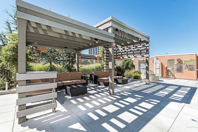 view of terrace with a pergola and an outdoor living space