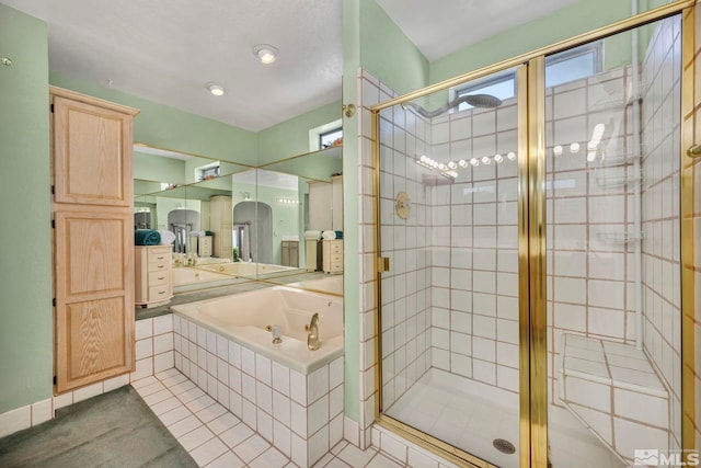 bathroom with tile patterned floors and plus walk in shower