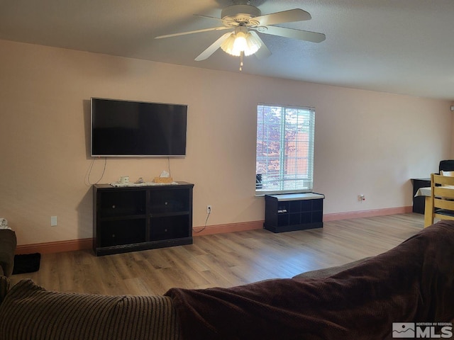 living room featuring ceiling fan and light wood-type flooring