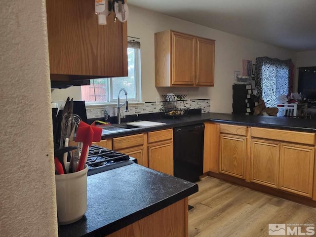 kitchen featuring dishwasher, sink, range, and light wood-type flooring