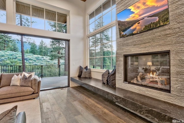 doorway featuring a fireplace, a towering ceiling, and hardwood / wood-style floors