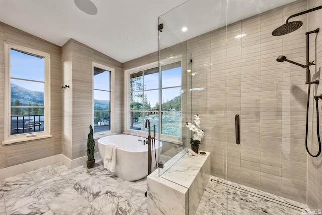 bathroom with a mountain view and independent shower and bath