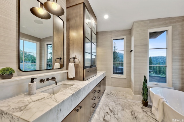 bathroom with a bathing tub and vanity