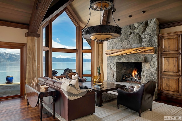 living room featuring a water and mountain view, ornamental molding, wood-type flooring, and a fireplace