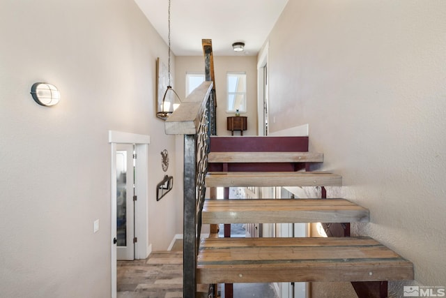 stairway with hardwood / wood-style flooring