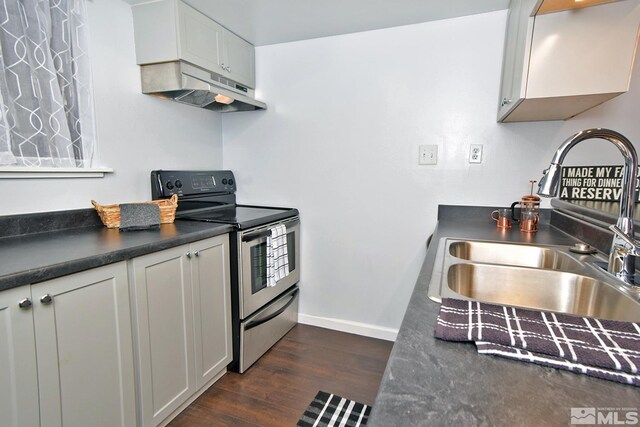 kitchen with stainless steel electric range, sink, white cabinetry, and dark hardwood / wood-style floors