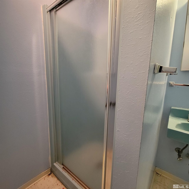 bathroom featuring a shower with door