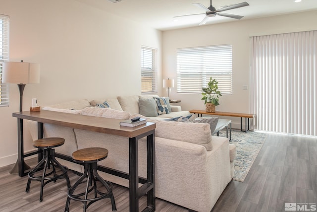 living room with hardwood / wood-style floors and ceiling fan