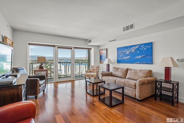 living room featuring a textured ceiling and hardwood / wood-style floors