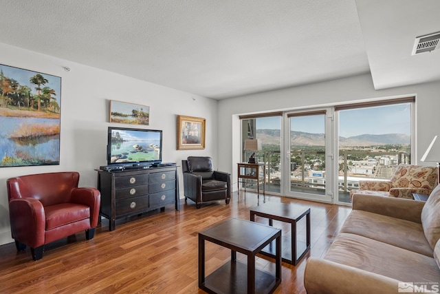 living room with a textured ceiling and light wood-type flooring