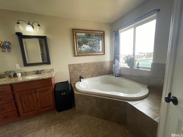 bathroom featuring tile floors and vanity with extensive cabinet space