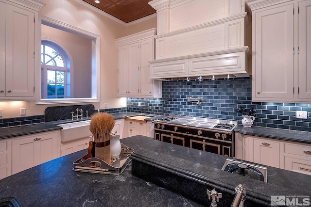 kitchen featuring custom range hood, decorative backsplash, ornamental molding, sink, and white cabinets