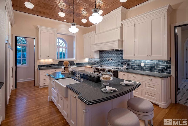kitchen with white cabinets, range with gas stovetop, an ornate ceiling, tasteful backsplash, and a sink