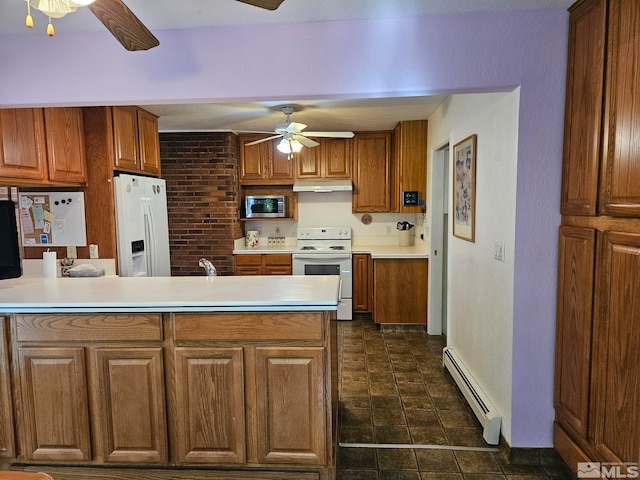 kitchen with white appliances, baseboard heating, and ceiling fan