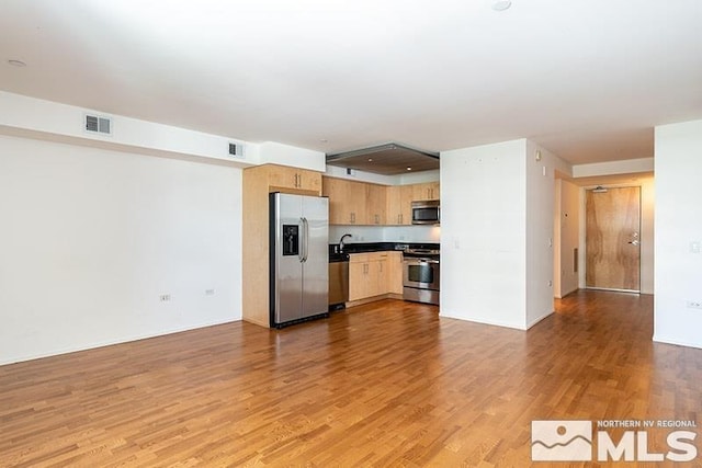 kitchen with appliances with stainless steel finishes, light hardwood / wood-style floors, and sink