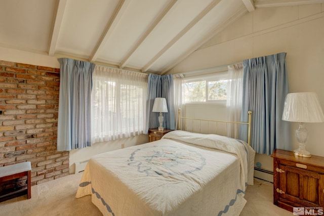 carpeted bedroom featuring a baseboard heating unit and vaulted ceiling with beams