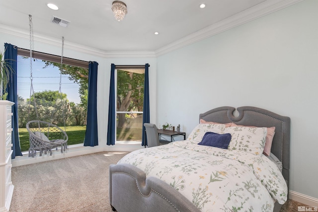 bedroom with carpet flooring and ornamental molding