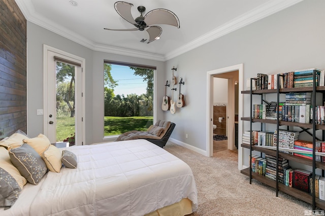 carpeted bedroom with ceiling fan, crown molding, and access to outside