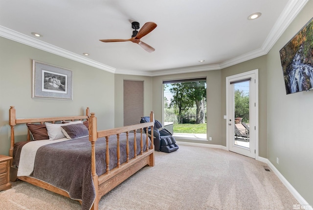 carpeted bedroom with access to outside, ceiling fan, and ornamental molding