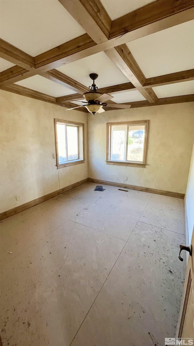 empty room with beamed ceiling, ceiling fan, and coffered ceiling