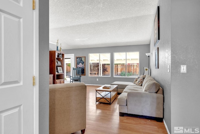 living room featuring light wood-type flooring and a textured ceiling