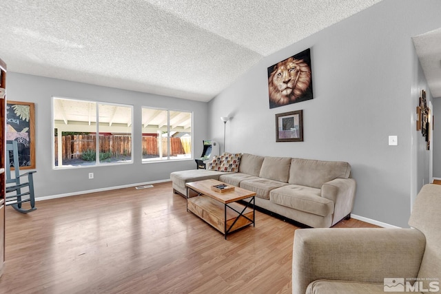 living room with hardwood / wood-style flooring and lofted ceiling