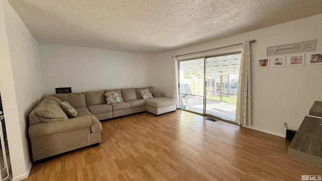 living room featuring hardwood / wood-style floors and a textured ceiling