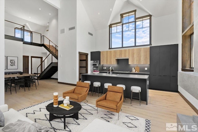 living room with light hardwood / wood-style floors, high vaulted ceiling, and sink