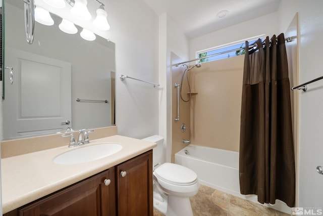 full bathroom with vanity, toilet, and shower / bath combo with shower curtain