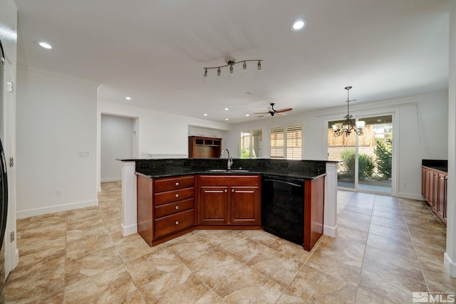 kitchen featuring sink, hanging light fixtures, black dishwasher, an island with sink, and ceiling fan with notable chandelier