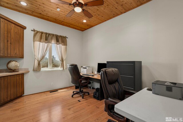 office space featuring ceiling fan, vaulted ceiling, light wood-type flooring, wooden ceiling, and radiator