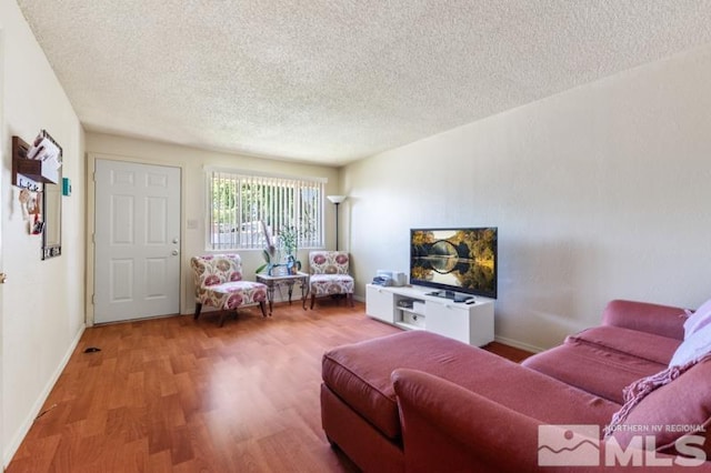 living room with a textured ceiling and hardwood / wood-style flooring